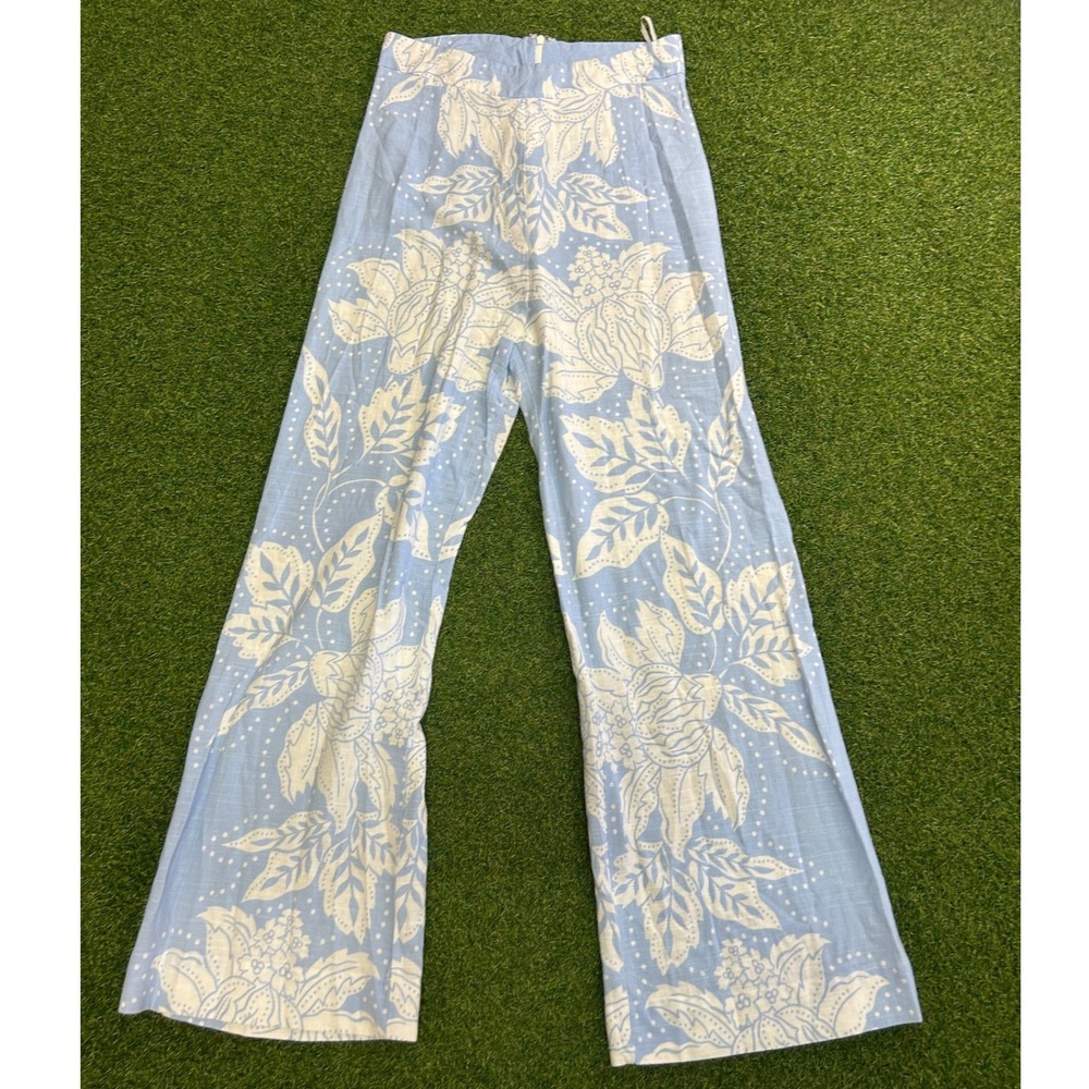 Faithfull The Brand Light Blue Floral Wide Leg High Rise Pants Trousers